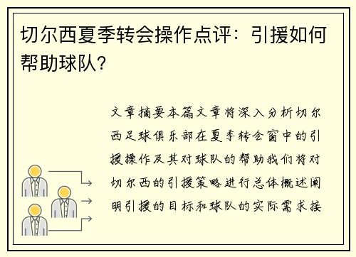 切尔西夏季转会操作点评：引援如何帮助球队？