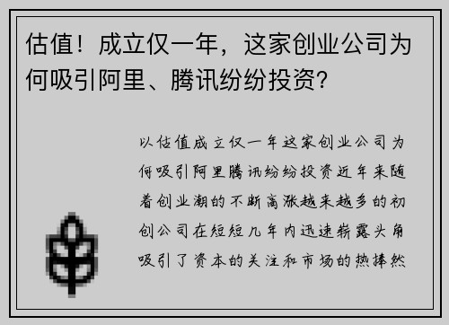 估值！成立仅一年，这家创业公司为何吸引阿里、腾讯纷纷投资？
