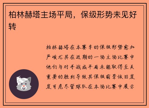 柏林赫塔主场平局，保级形势未见好转