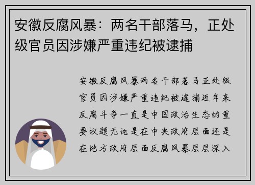安徽反腐风暴：两名干部落马，正处级官员因涉嫌严重违纪被逮捕